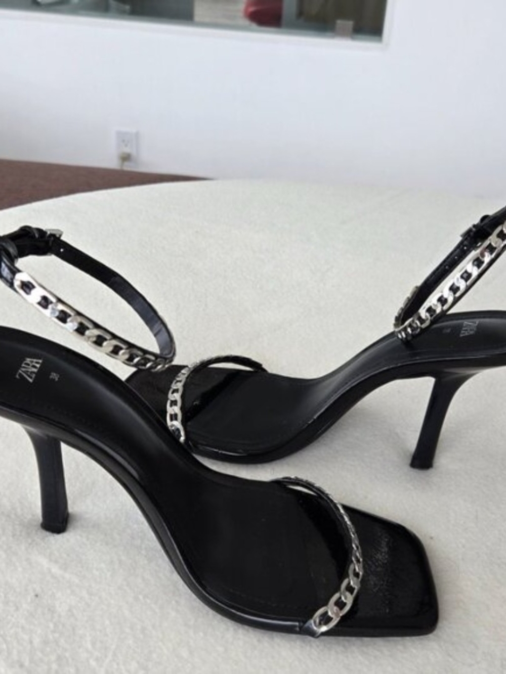 Zara Black Patent Chain-Strap Heeled Sandals — Sz 38 (US 7.5/8) - Picture 5 of 15